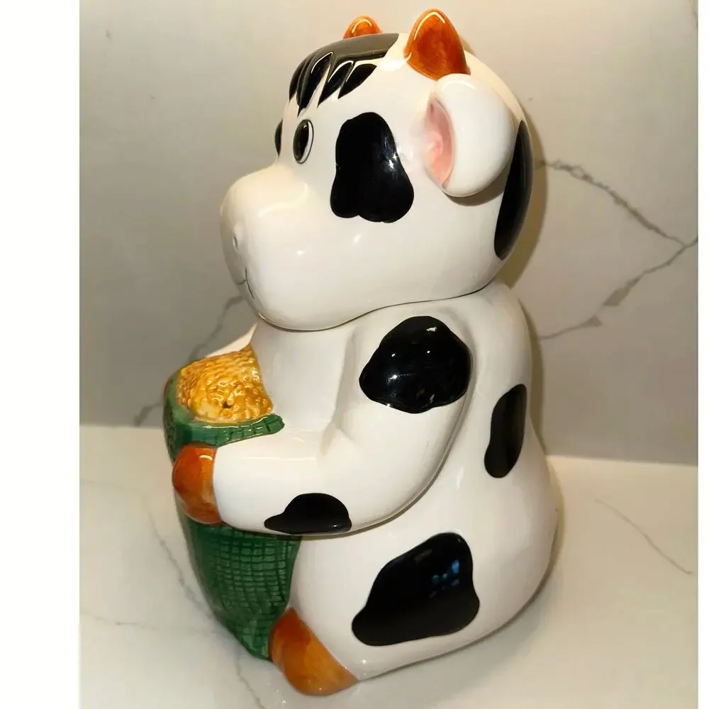 Vintage Cookie Jar White Cow Black Spots Holding Corn Bag